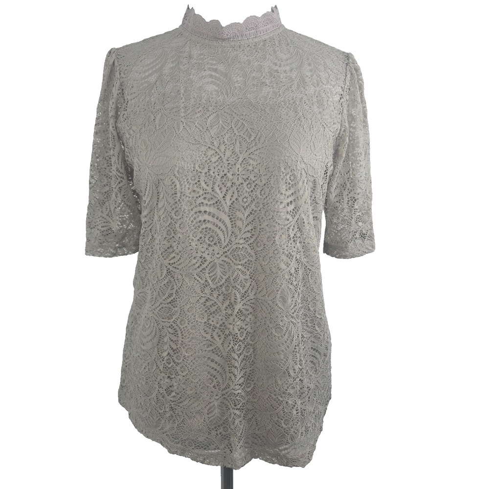 Adiva - Women's Medium All Over Lace Short Sleeve High Neck‎ Top Light Taupe